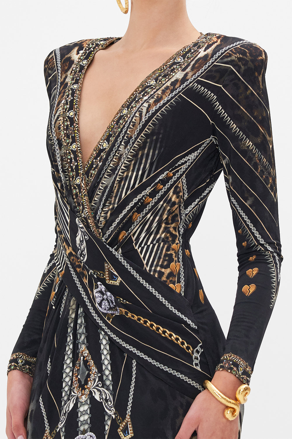 Detail view of model wearing CAMILLA jersey midi dress in Chaos In The Cosmos animal print