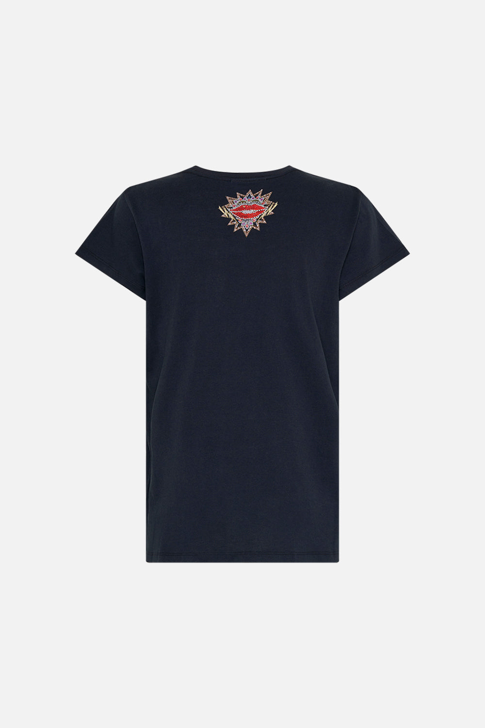 Back product view of  CAMILLA black graphic tee in Chaos Magic print 