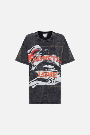 Product view of CAMILLA black acid wash graphic tee in Chaos Magic print