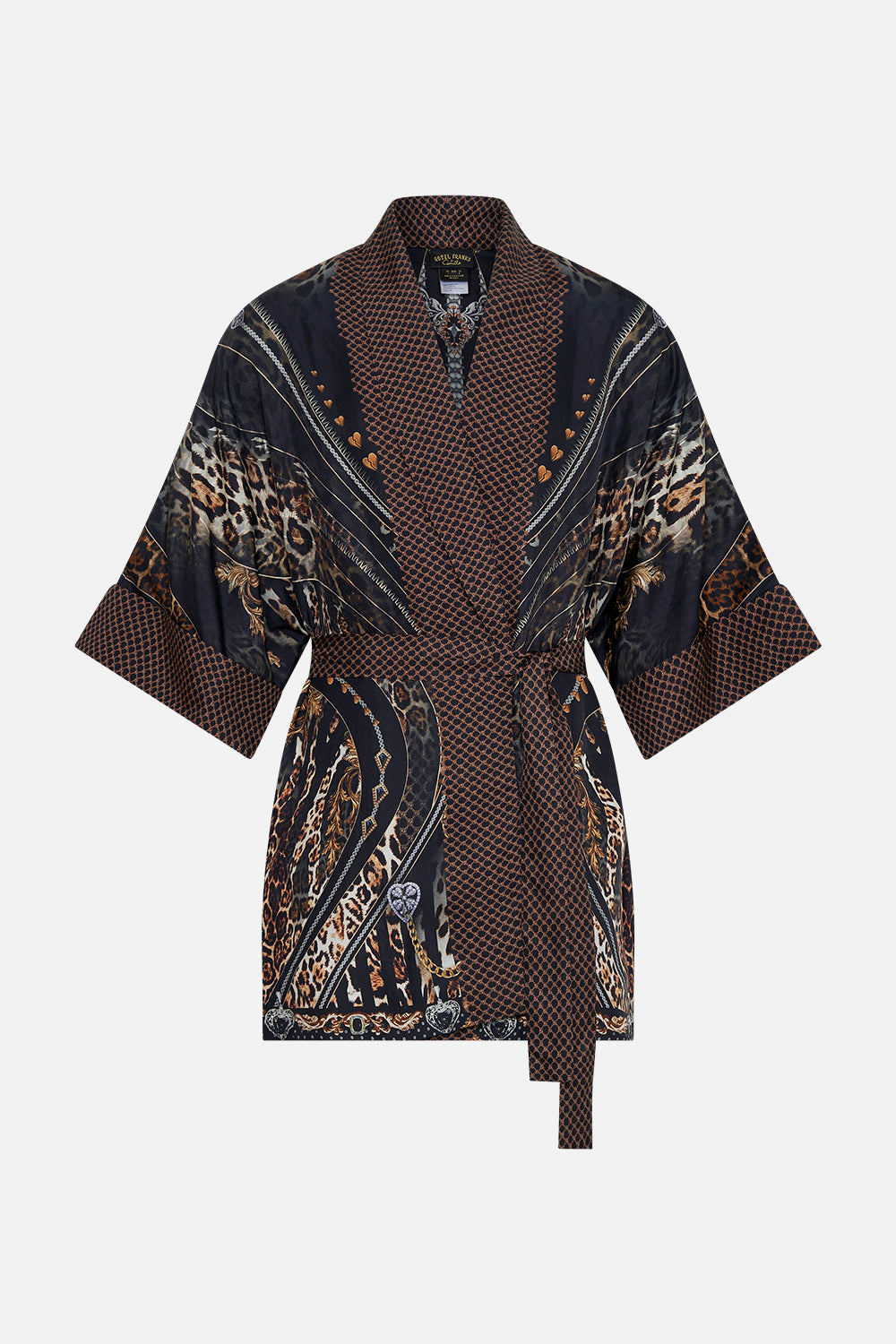 Product view of Hotel Franks by CAMILLA mens silk robe in Chaos In The Cosmos  animal print 