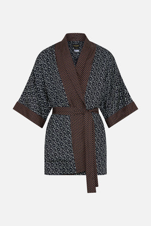 Reversed product view of Hotel Franks by CAMILLA mens silk robe in Chaos In The Cosmos  animal print 