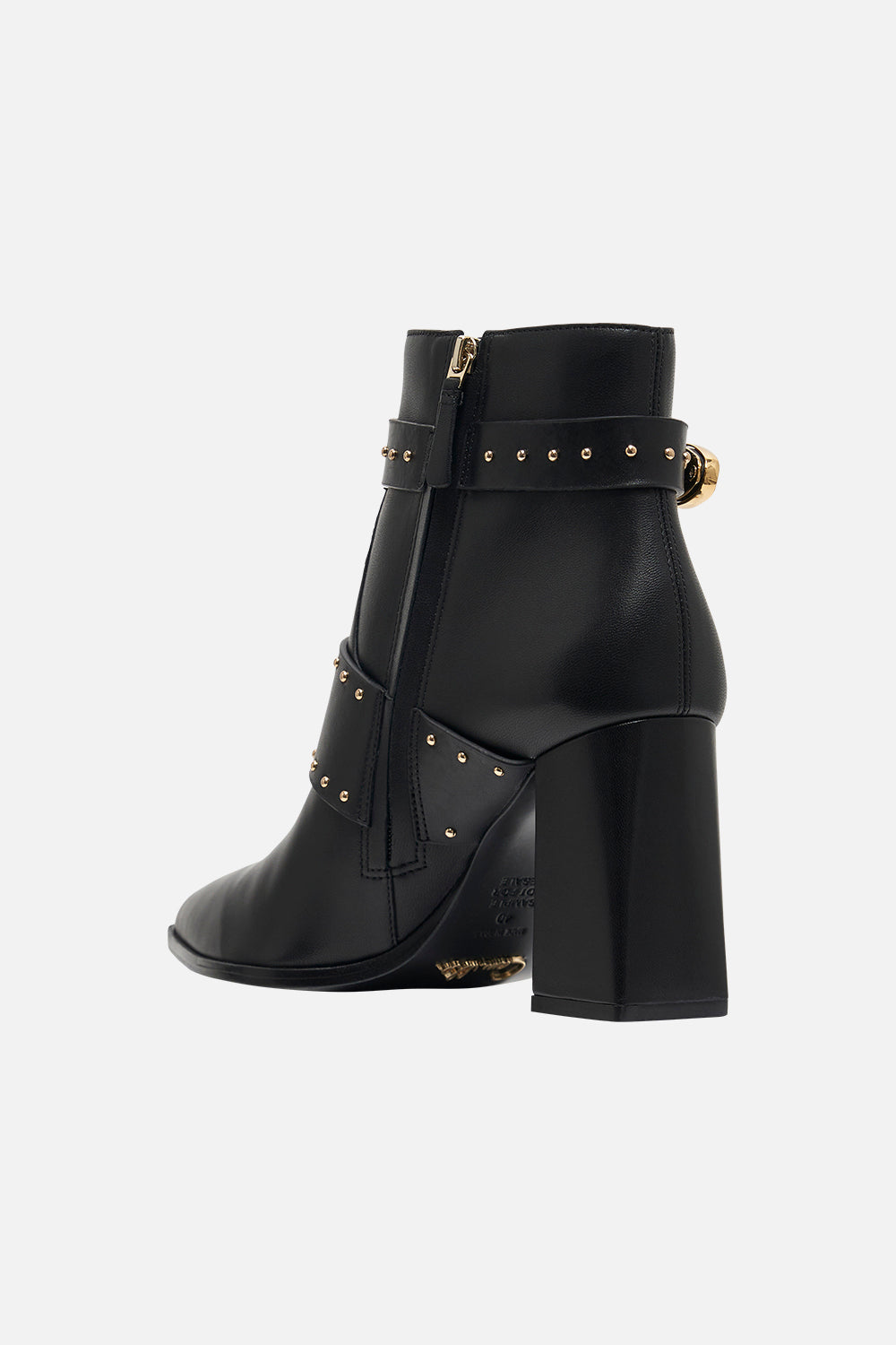 The CAMILLA SIENNA BLOCK HEEL BOOT SOLID BLACK in our  print.