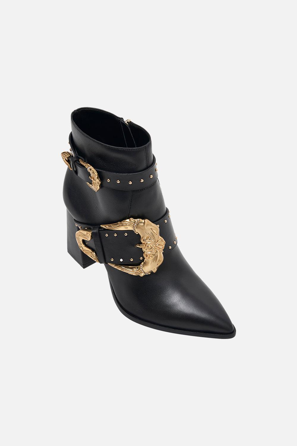 The CAMILLA SIENNA BLOCK HEEL BOOT SOLID BLACK in our  print.