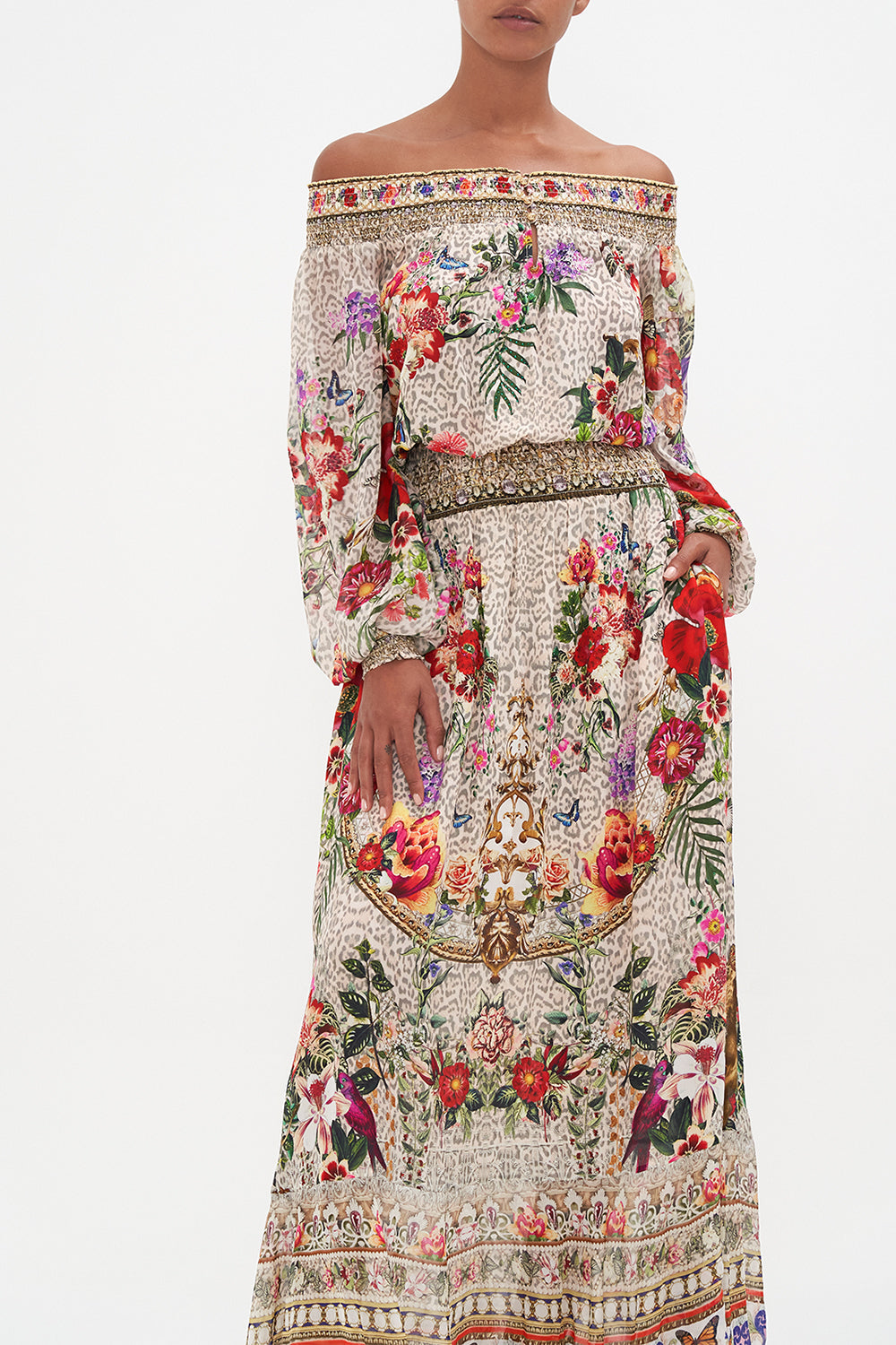 OFF SHOULDER SHIRRED DRESS LEOS BOUQUET