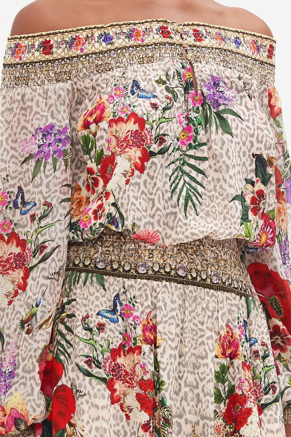 OFF SHOULDER SHIRRED DRESS LEOS BOUQUET