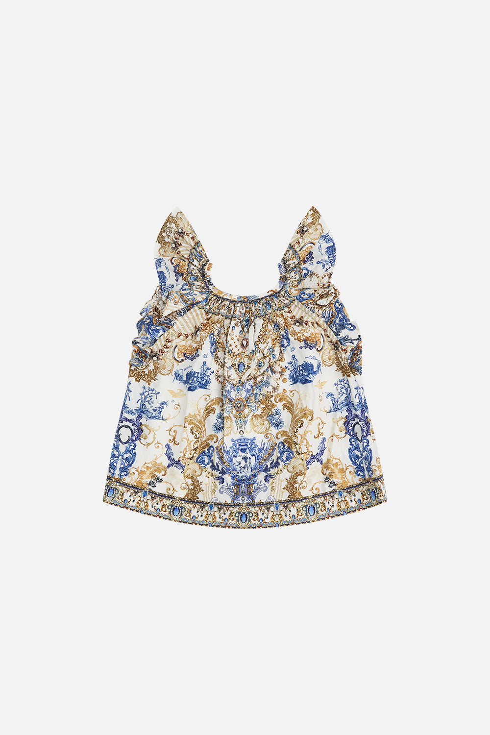 Product view of CAMILLA cotton frill sleeve top in Soul Searching print