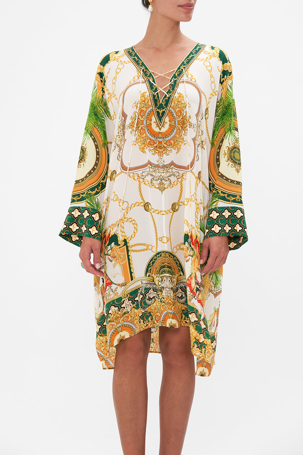 Crop view model wearing of CAMILLA silk kaftan in My Sweet Devotion print