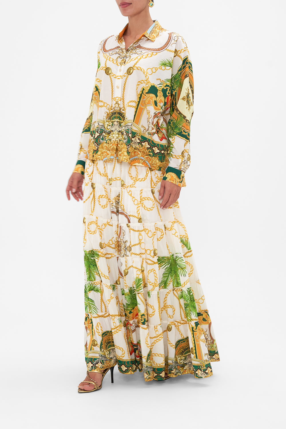 Side view of model wearing CAMILLA silk cotton blouse in My Sweet Devotion print