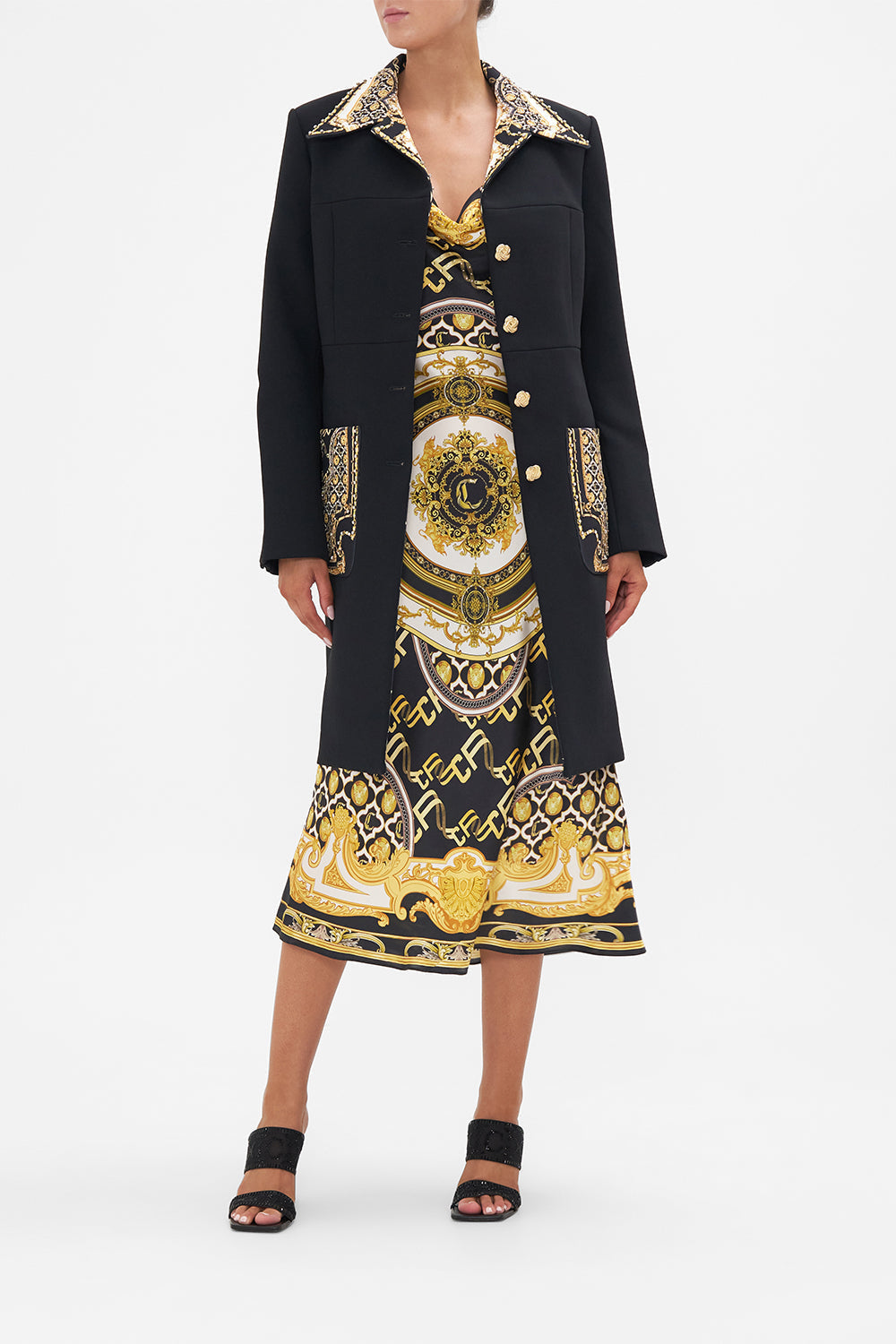 Front view of model wearing CAMILLA button front coat in Tether Me Not print