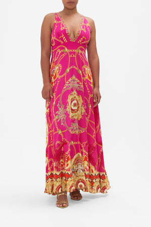Front view of model wearing CAMILLA pink silk maxi dress in Wild And Running print