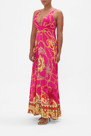 Side view of model wearing CAMILLA pink silk maxi dress in Wild And Running print