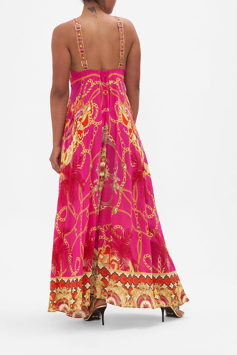 Back view of model wearing CAMILLA pink silk maxi dress in Wild And Running print