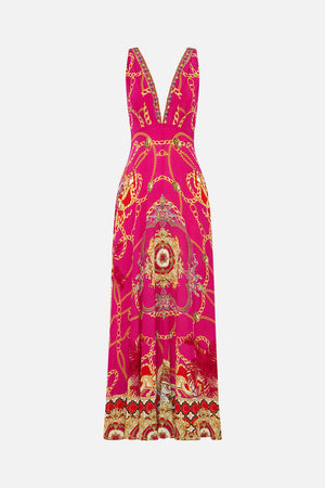 Product view of CAMILLA pink silk maxi dress in Wild And Running print