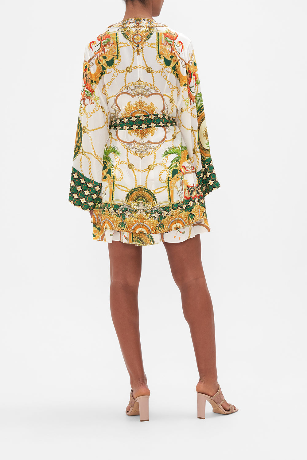 Back view of model wearing CAMILLA silk kimono in My Sweet Devotion print