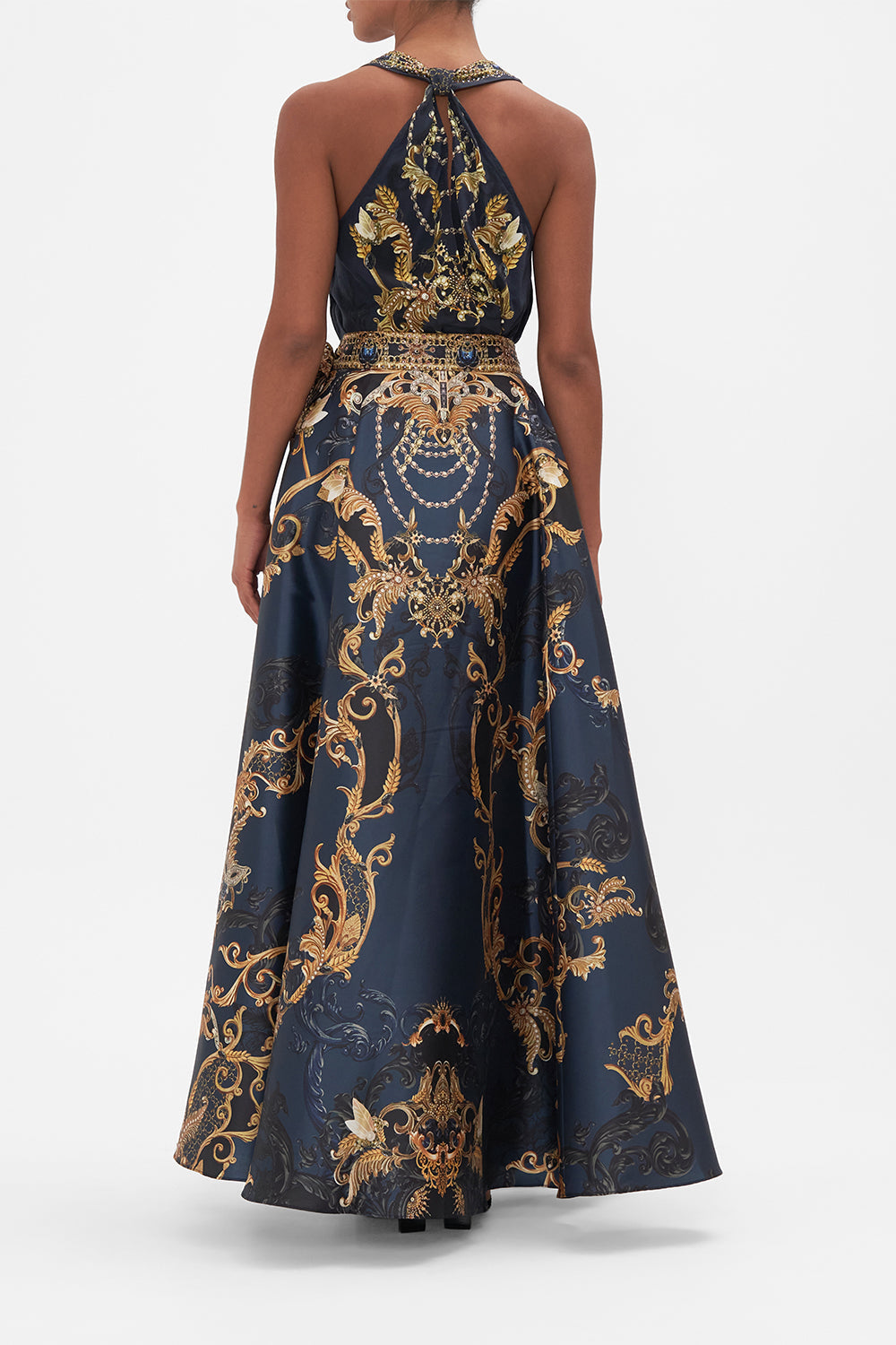 Back view of model wearing CAMILLA taffeta maxi skirt in Moonlight Melodies print