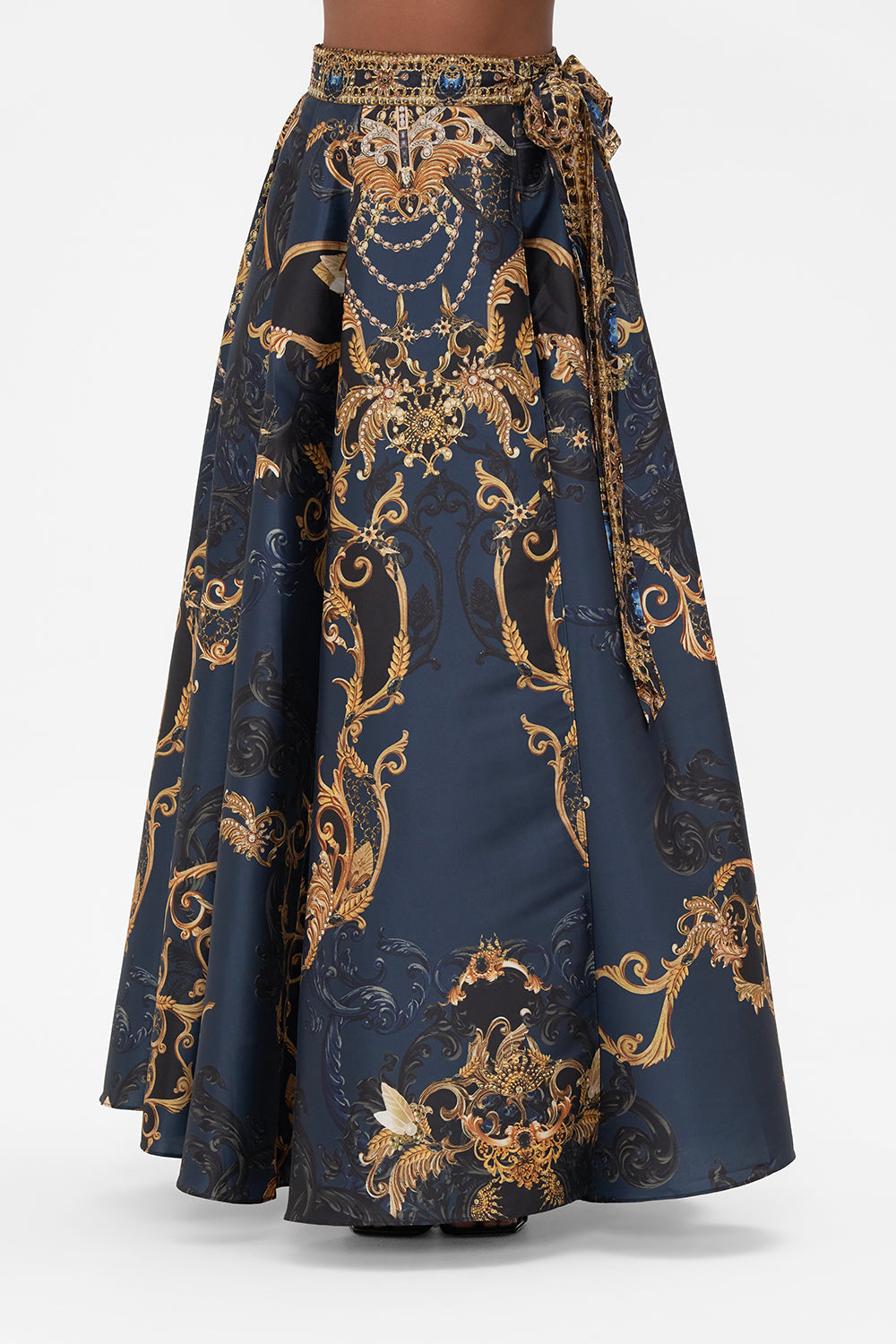 Crop view of model wearing CAMILLA taffeta maxi skirt in Moonlight Melodies print