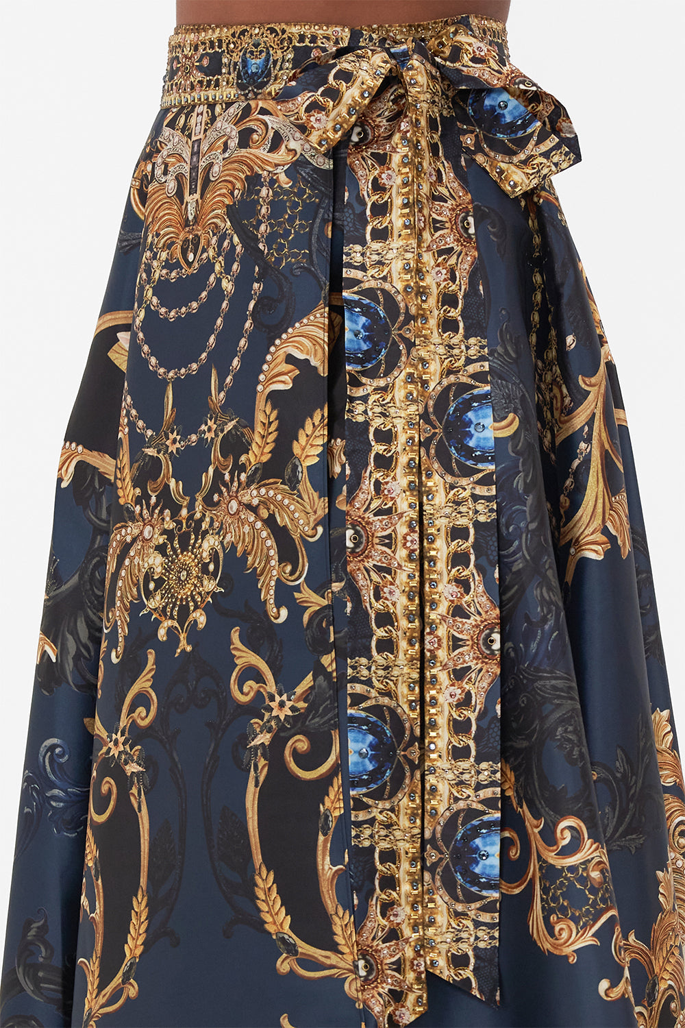 Detail view of model wearing CAMILLA taffeta maxi skirt in Moonlight Melodies print