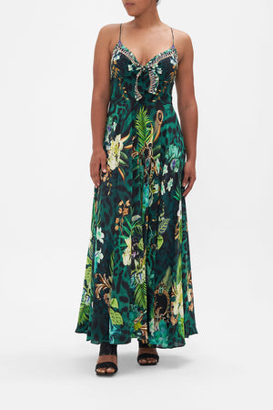 Front view of model wearing CAMILLA silk front maxi dress in Sing My Song print
