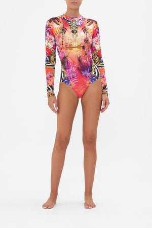 Front view of model wearing CAMILLA womens paddle suit swimwear in Wild Loving print