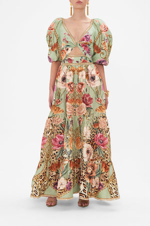 Front view of model wearing CAMILLA floral cut out maxi dress in Grow And Glow print