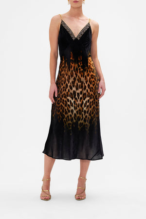 Front view of model wearing CAMILLA leopard print slip dress in Jungle Dreaming print