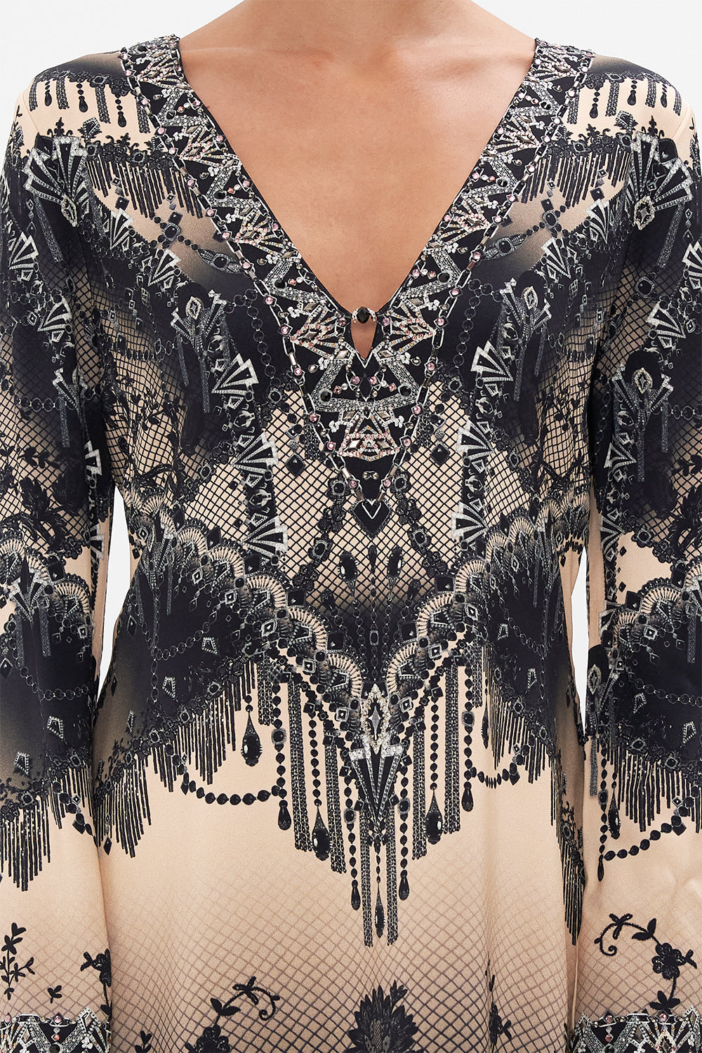 Detail view of model wearing CAMILLA silk mini shift dress in Curtain Call Chaos print