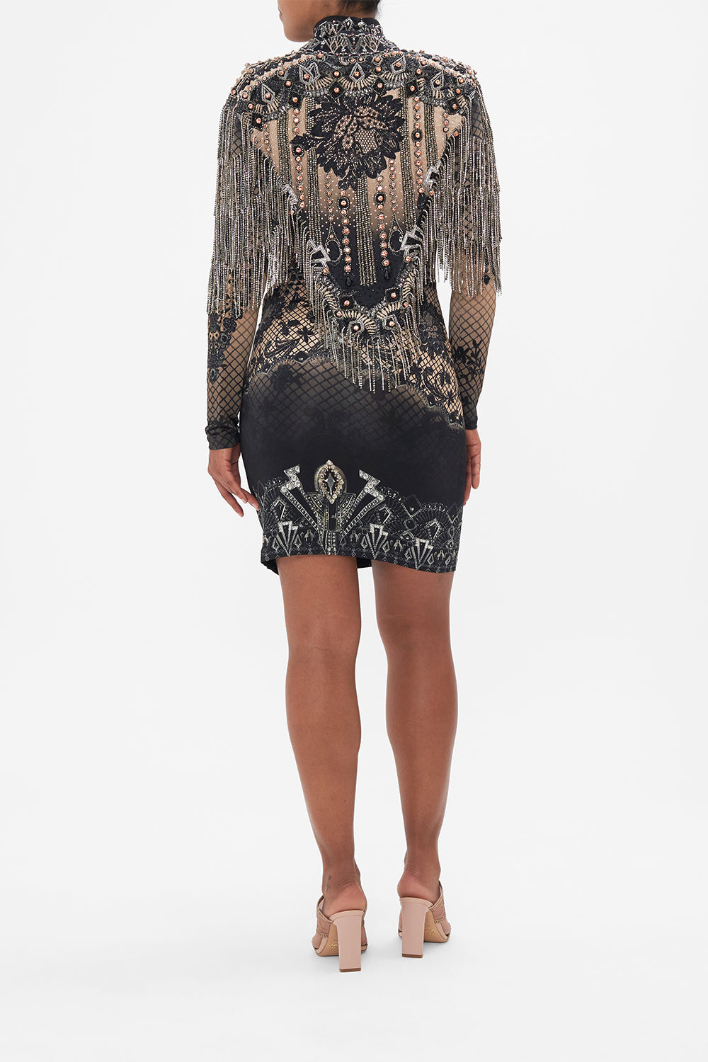 Back view of model wearing CAMILLA beaded gilet in the Adore Me print