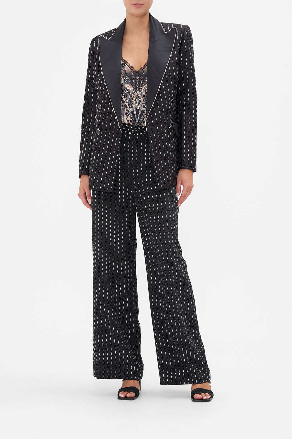 Front view of model wearing CAMILLA silk blazer in Curtain Call Chaos print