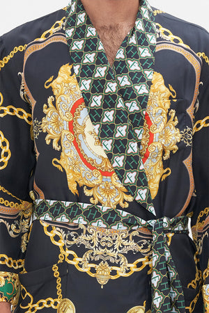 Detail view of model wearing Hotel Franks by CAMILLA mens silk robe in Jealousy And Jewels print