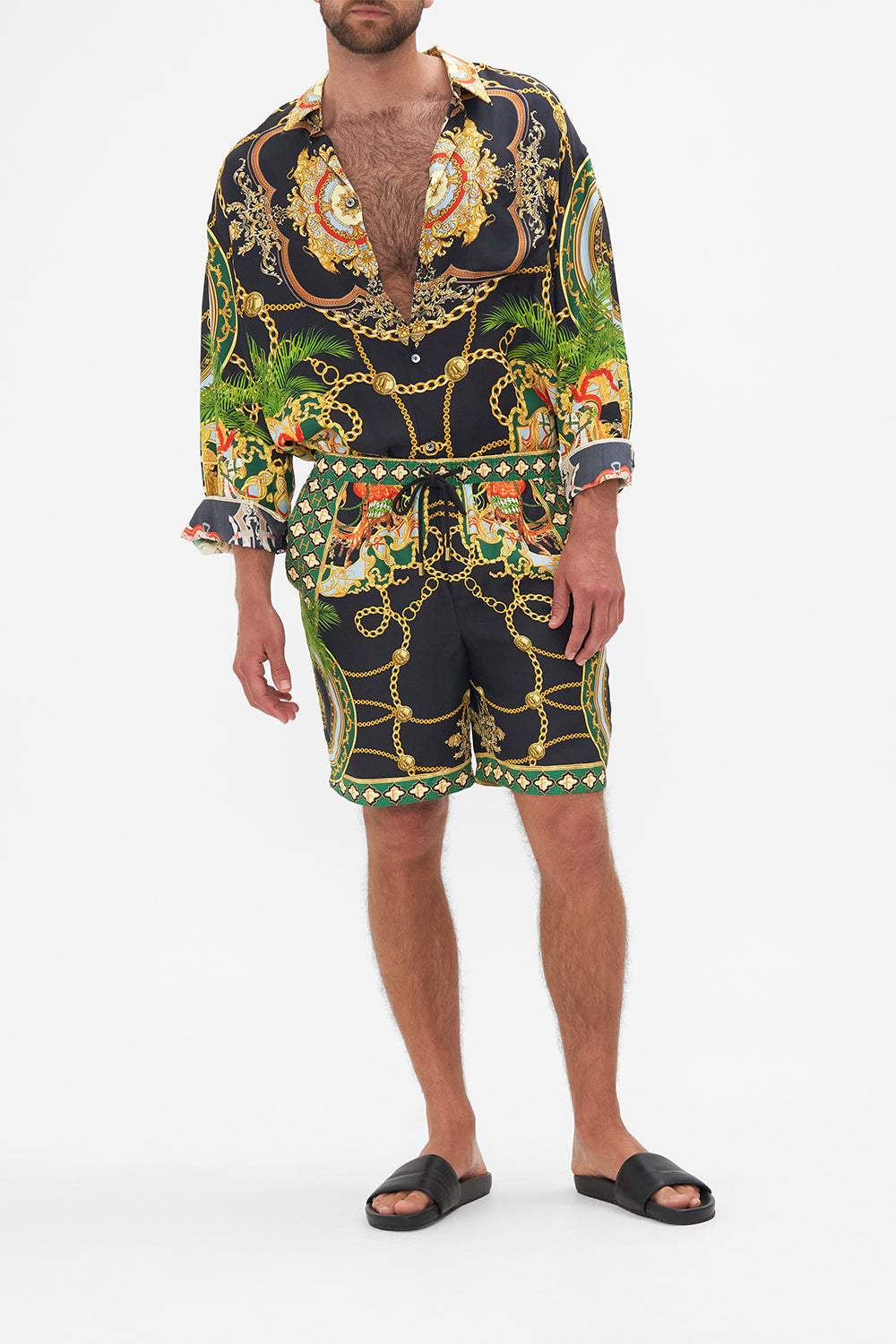 Front view of model wearing Hotel Franks By CAMILLA mens walkshorts in Jealousy And Jewels print