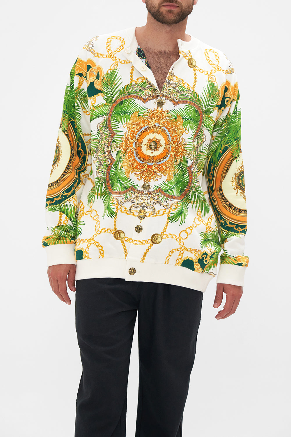 Side view of model wearing Hotel Franks by CAMILLA mens oversized hoodie in white My Sweet Devotion print