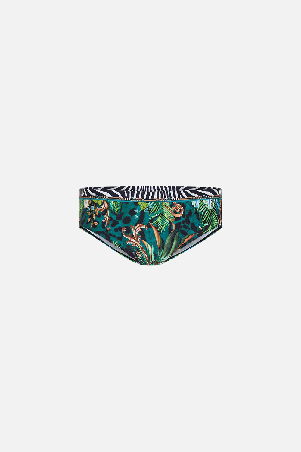 Product view of Hotel Franks by CAMILLA mens green swim briefs in Sing My Song Print