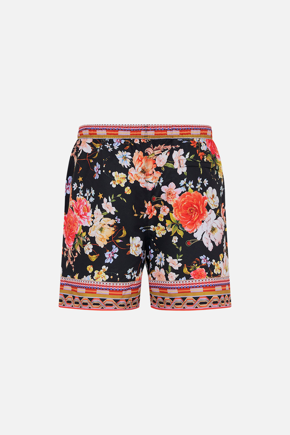 Back product view of Hotel Franks by CAMILLA mens black floral print boardshorts in Secret History print