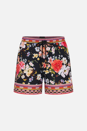 Product view of Hotel Franks by CAMILLA mens black floral print boardshorts in Secret History print
