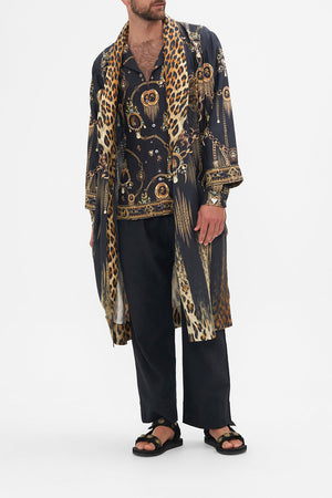 Front view of model wearing Hotel Franks by CAMILLA mens black silk robe in Jungle Dreaming print