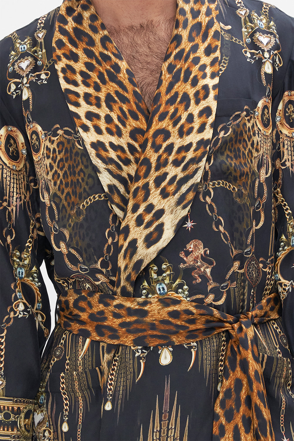 Detail view of model wearing Hotel Franks by CAMILLA mens black silk robe in Jungle Dreaming print