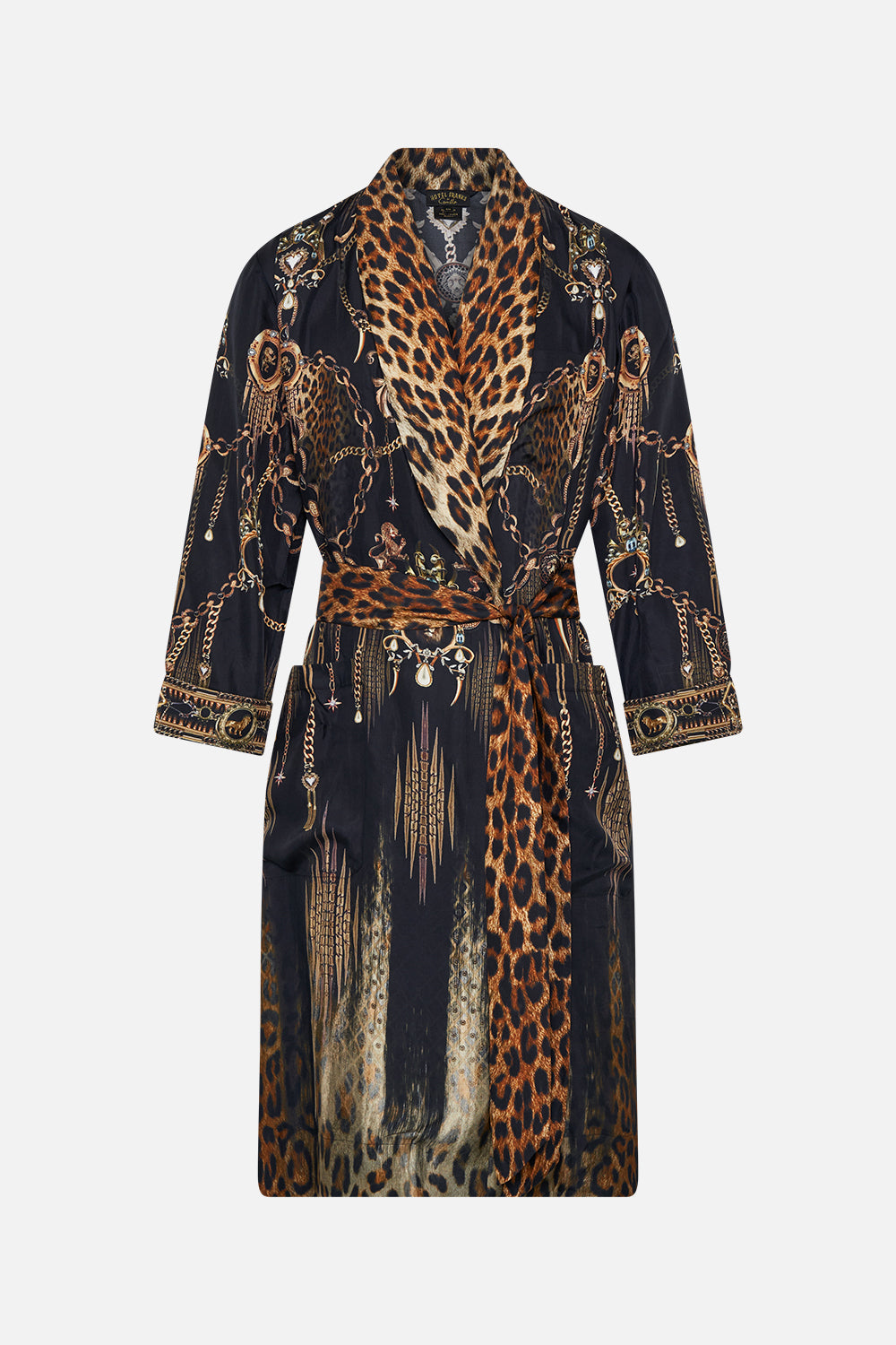 Product view of Hotel Franks by CAMILLA mens black silk robe in Jungle Dreaming print