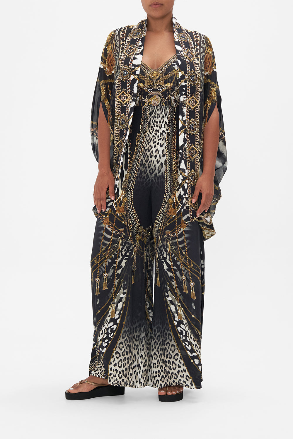 Front view of model wearing CAMILLA animal print silk kimono in Untamed Royalty print