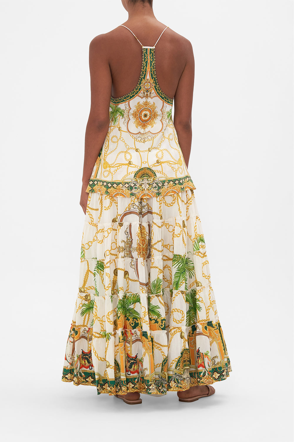 Back view of model wearing CAMILLA silk top in My Sweet Devotion print 