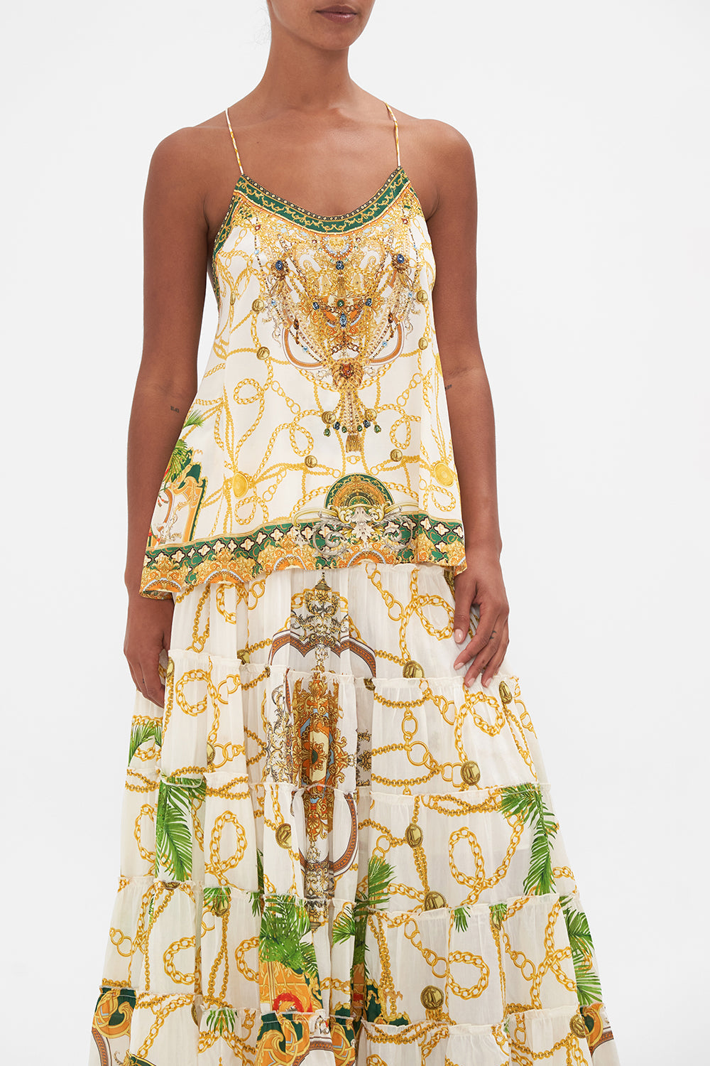 Crop view of model wearing CAMILLA silk top in My Sweet Devotion print 