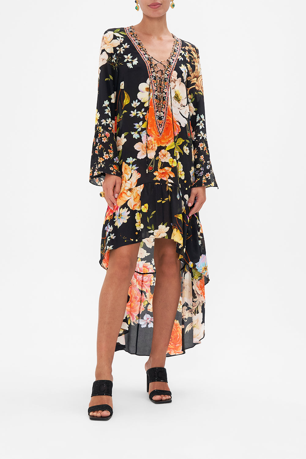 Front view model wearing of CAMILLA floral silk dress in Secret History print