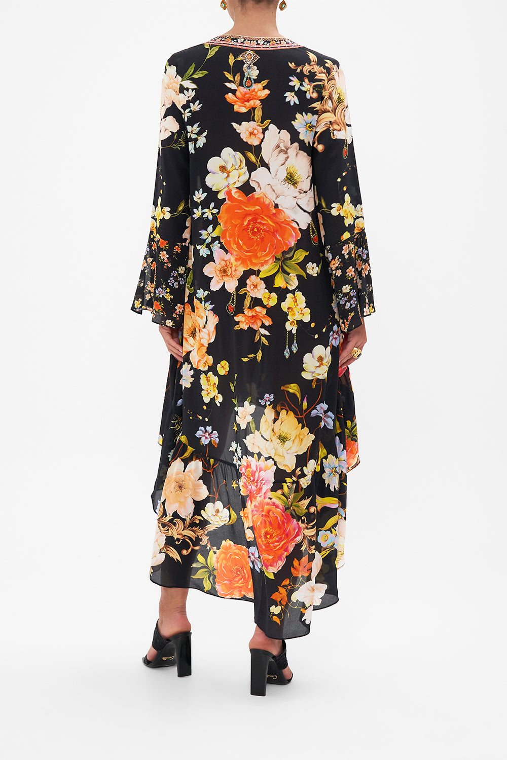 Back view model wearing of CAMILLA floral silk dress in Secret History print