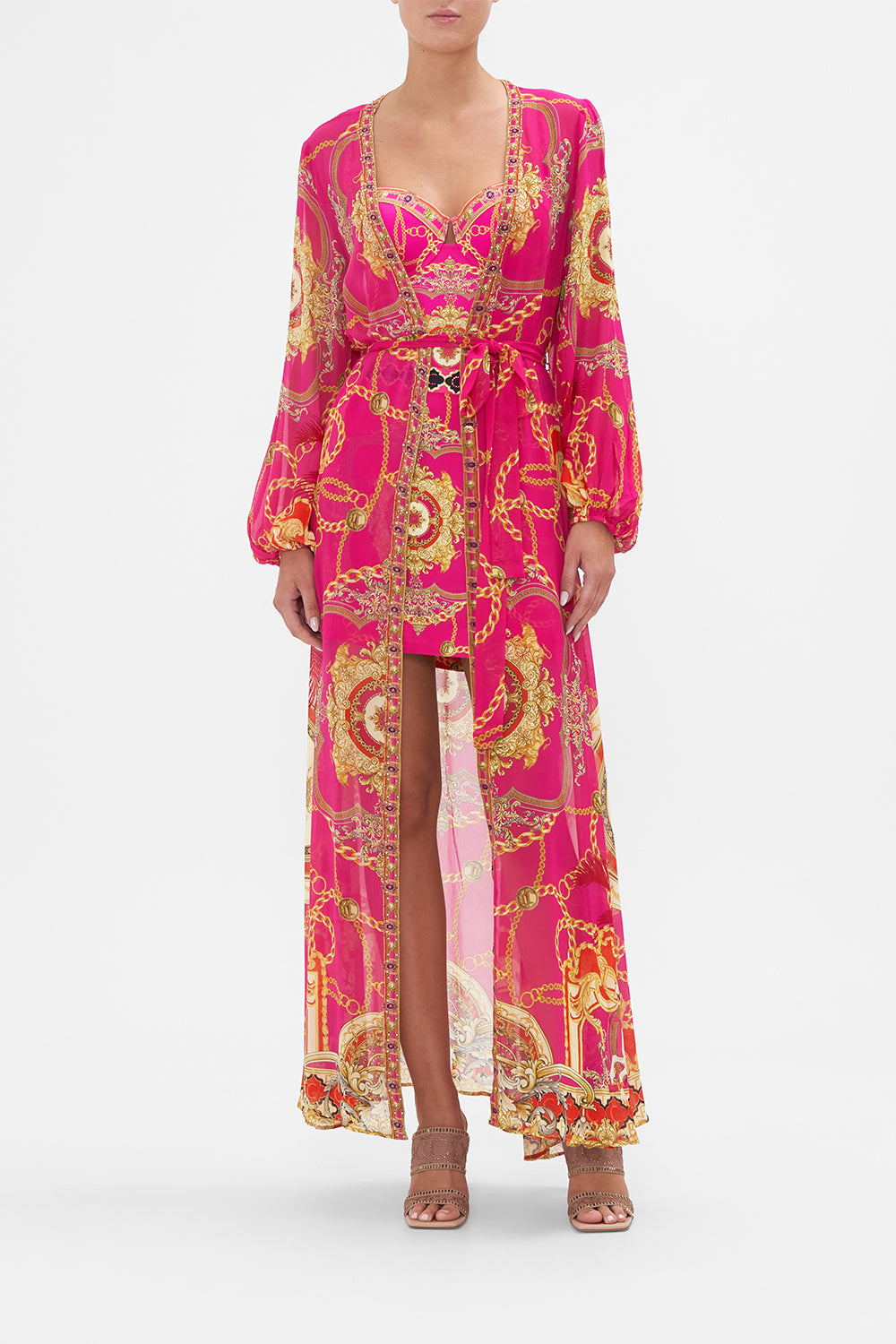Front view of model wearing CAMILLA silk kimono layer in Wild And Running print