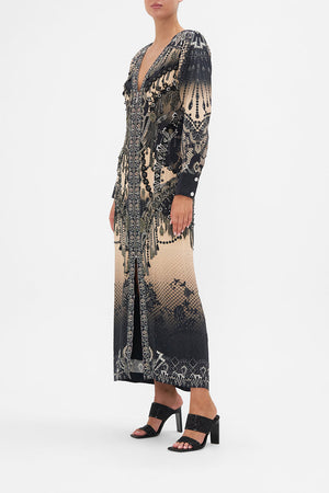 Side view of model wearing CAMILLA silk maxi dress in Curtain Call Chaos print 