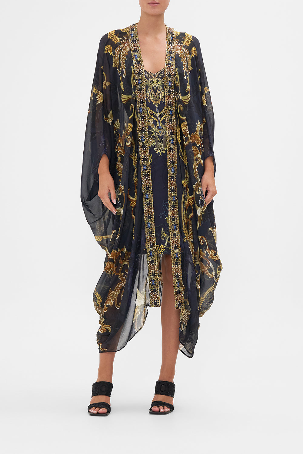 Front view of model wearing CAMILLA silk kimono in Moonlight Melodies print