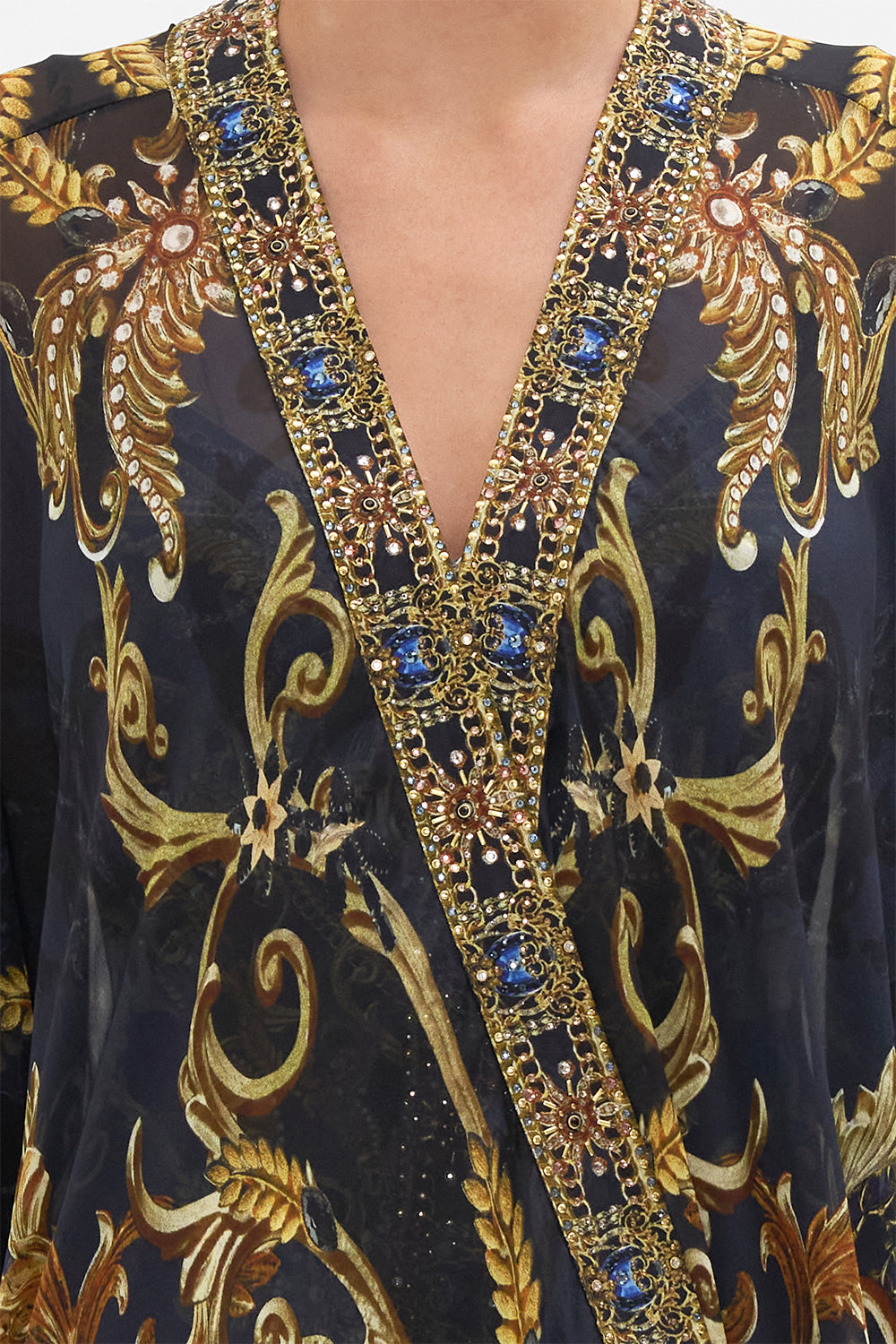 Detail view of model wearing CAMILLA silk kimono in Moonlight Melodies print