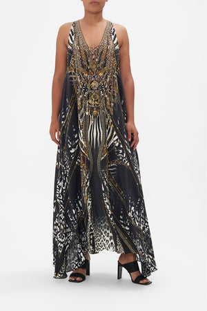 Front view of model wearing CAMILLA animal print flowy maxi dress in Untamed Royalty print