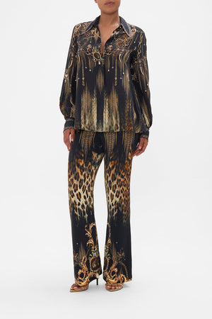 Front view of model wearing CAMILLA floral silk blouse in Jungle Dreaming print