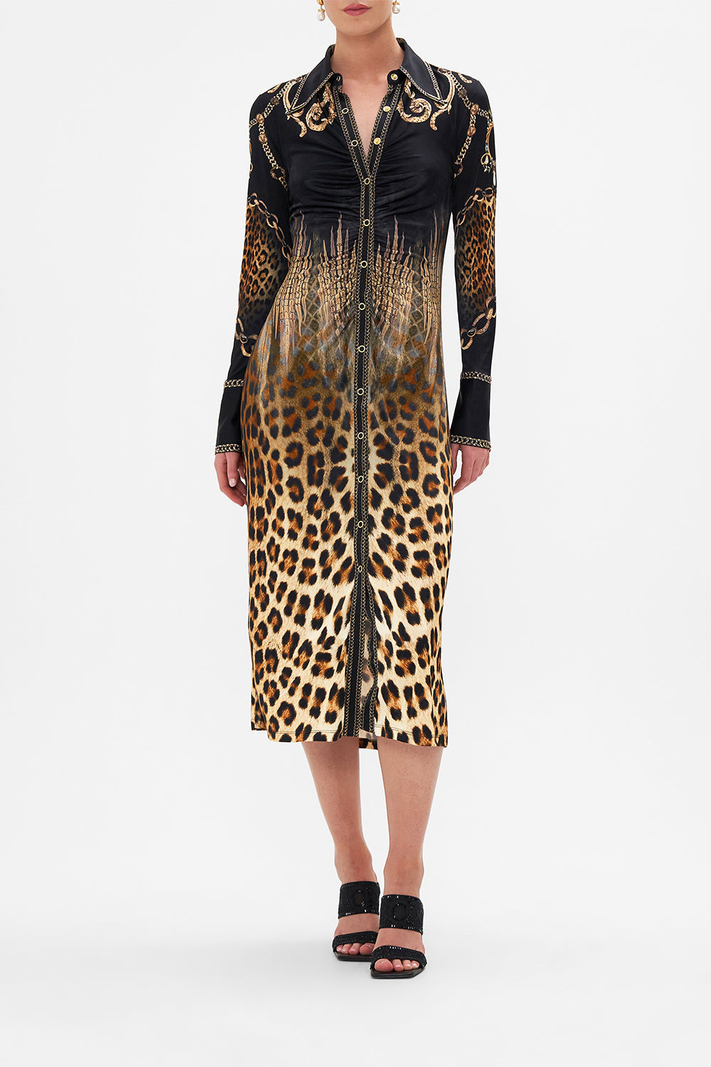 Front view of model wearing CAMILLA leopard print midi dress in Jungle Dreaming print