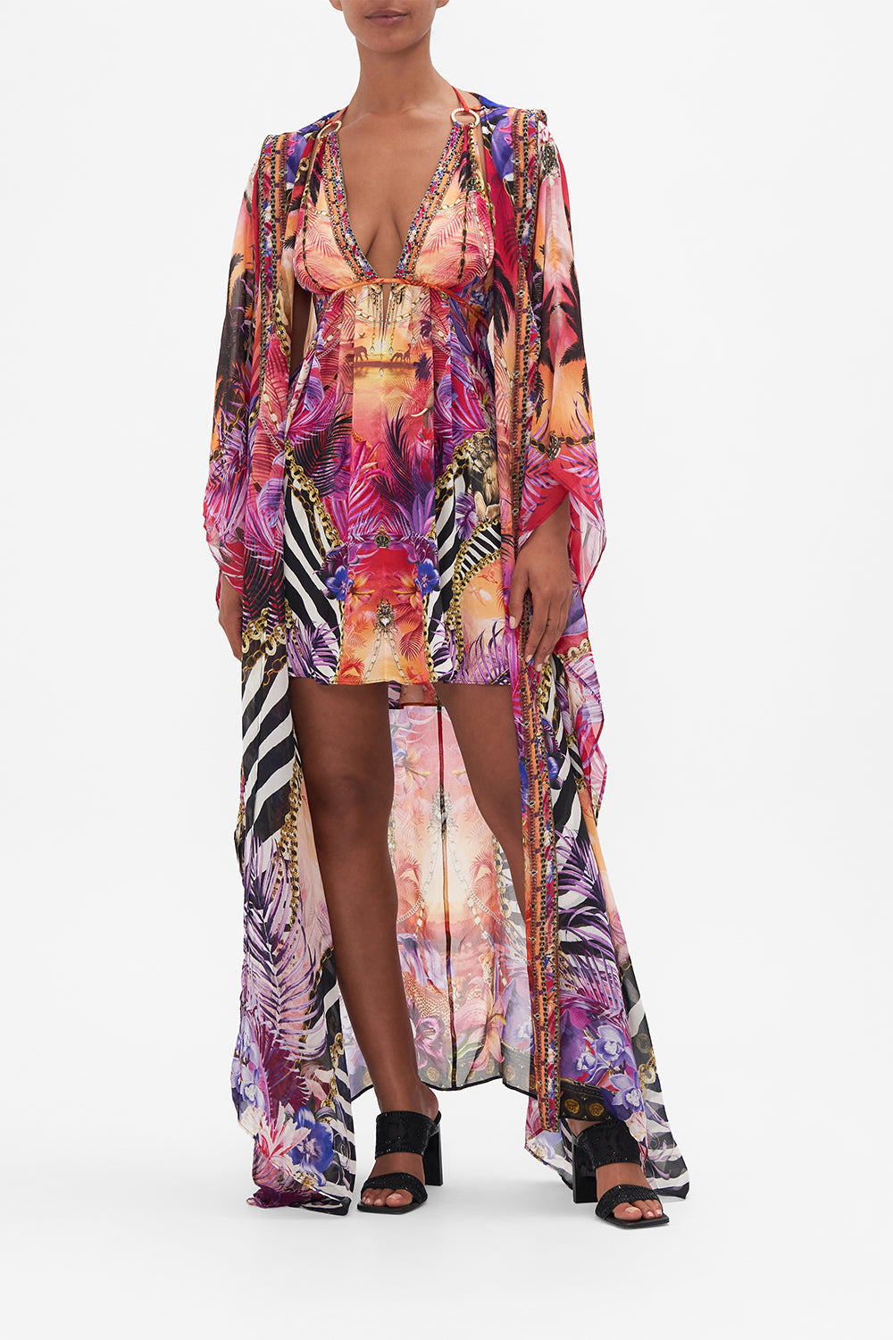 Front view of model wearing CAMILLA colourful silk robe in Wild Loving print